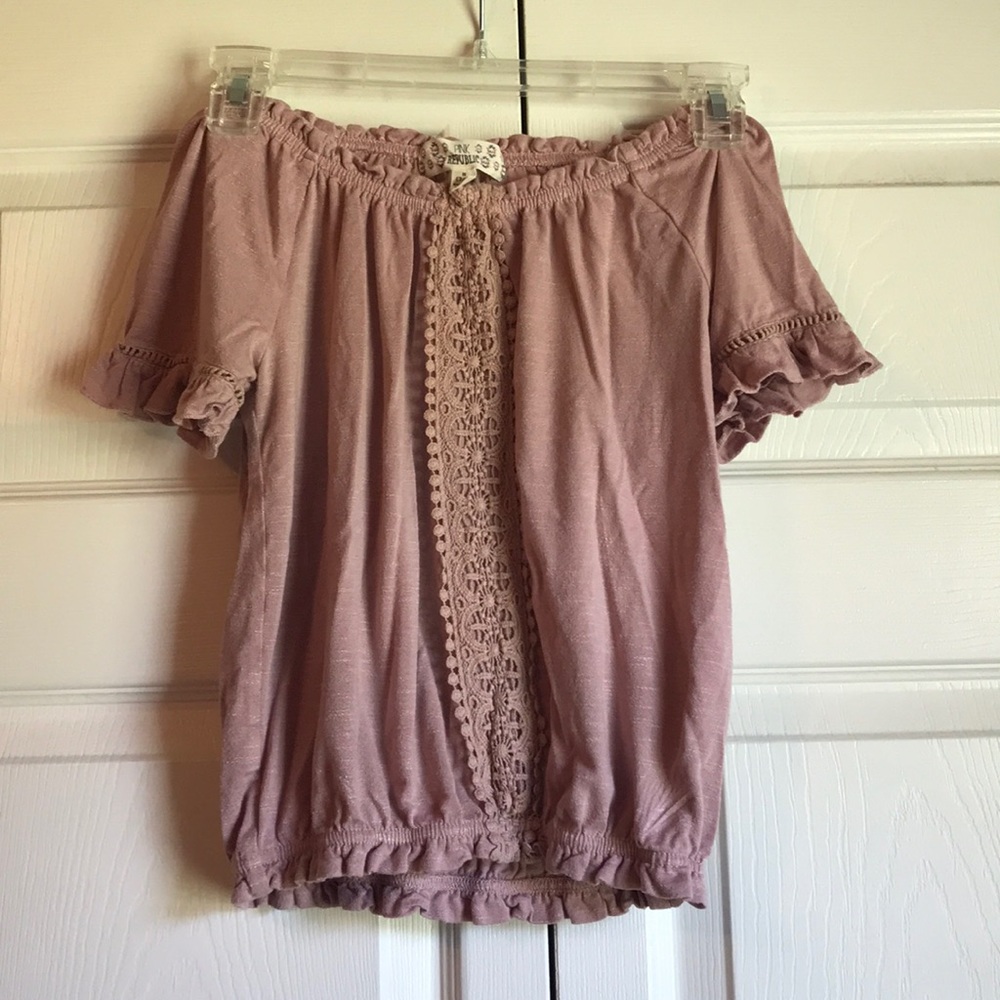 off the shoulder pink short sleeve shirt